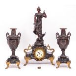 AN ART NOUVEAU FRENCH CLOCK GARNITURE DE CHEMINEE the Gothic numeral dial with twin train drum