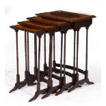 A NEST OF FOUR GEORGIAN STYLE RECTANGULAR OCCASIONAL TABLES with burr wood oval inlay to the