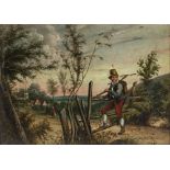 19TH CENTURY NAIVE ENGLISH SCHOOL Labourer returning home, oil on panel, circa.1830, 20.5cm x 28.5cm