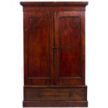 A VICTORIAN MAHOGANY TWO DOOR WARDROBE the twin panel door over a deep drawer and plinth base, 134cm