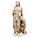 19TH CENTURY ITALIAN SCHOOL Young woman and her hound, alabaster, unsigned, 88cm high x 33cm wide