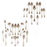 A GROUP OF GEORGE III SILVER OLD ENGLISH PATTERN CUTLERY each piece with a similar bird crest and