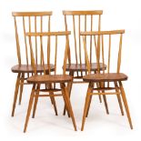 FOUR 1960'S ERCOL SPINDLE BACK DINING CHAIRS 94cm in height together with four Ercol seat pads