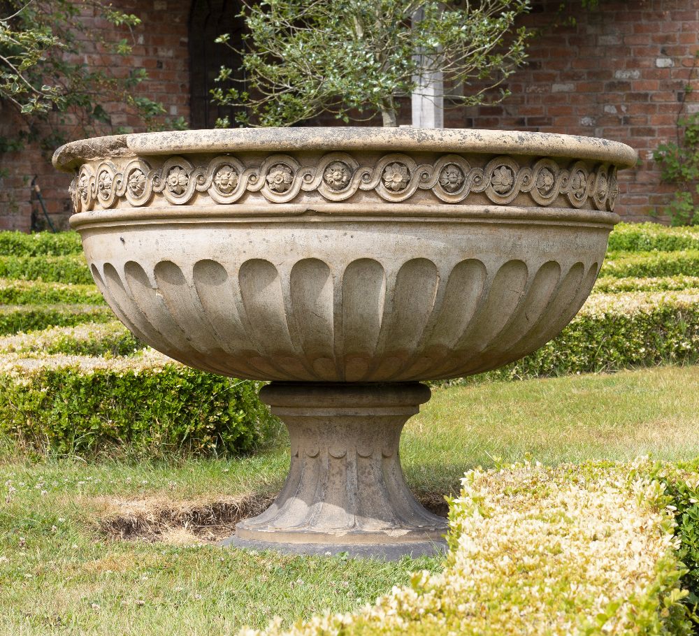 A VICTORIAN LARGE BUFF TERRACOTTA URN OR FOUNTAIN BOWL with guilloche banding and fluted - Image 5 of 10