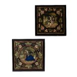 TWO 19TH CENTURY WOOLWORK PICTURES one of a gentleman playing a lute, the other of a lady holding