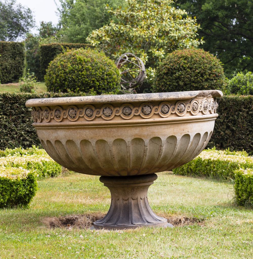 A VICTORIAN LARGE BUFF TERRACOTTA URN OR FOUNTAIN BOWL with guilloche banding and fluted - Image 2 of 10