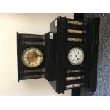 A 19TH CENTURY FRENCH POLISHED SLATE AND MARBLE ARCHITECTURAL FORM MANTEL CLOCK with white enamel