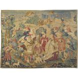 A 16TH CENTURY STYLE PRINTED TAPESTRY TYPE PICTURE depicting courtly figures out hawking, 256cm x