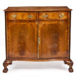 A REPRODUCTION WALNUT VENEERED SERPENTINE SIDE CABINET with two short drawers and two panelled doors