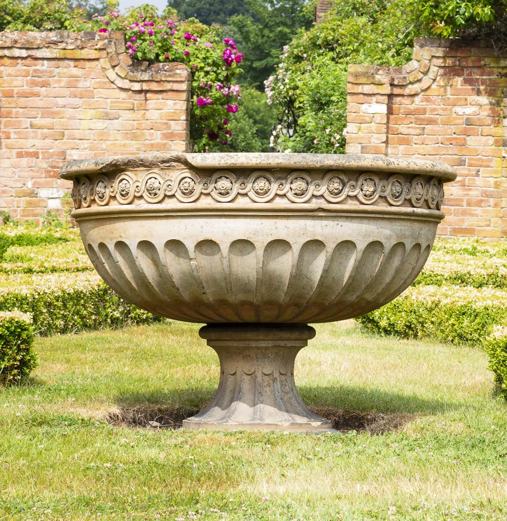 A VICTORIAN LARGE BUFF TERRACOTTA URN OR FOUNTAIN BOWL with guilloche banding and fluted - Image 4 of 10