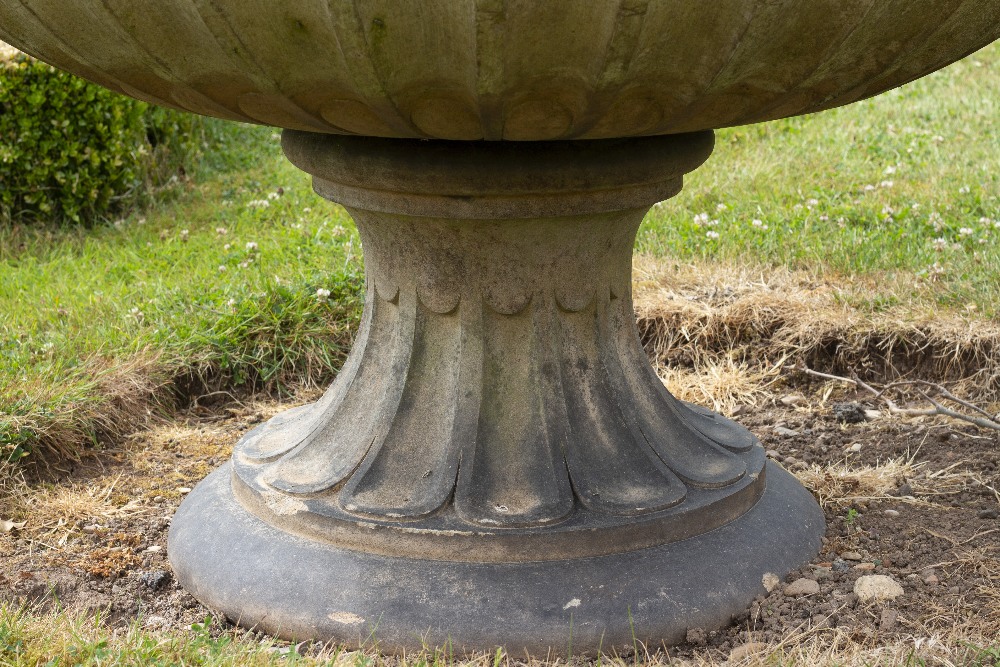 A VICTORIAN LARGE BUFF TERRACOTTA URN OR FOUNTAIN BOWL with guilloche banding and fluted - Image 10 of 10