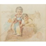 19TH CENTURY SCENE of two children and a donkey, watercolour, 17cm x 19.5cm together with seven