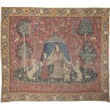 A 16TH CENTURY STYLE WOVEN TAPESTRY TYPE PICTURE depicting a courtly female by her tent,