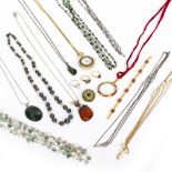 A COLLECTION OF COSTUME JEWELLERY to include yellow and white metal long necklaces, some set with
