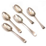 FOUR 18TH CENTURY RAT TAIL SILVER SERVING SPOONS, and an Edinburgh silver serving spoon (5) At