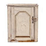 A SMALL PANELLED SINGLE DOOR CUPBOARD with cream painted crackle glaze decoration, 70.5cm wide x