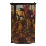 A 19TH CENTURY BOW FRONTED PAINTED PINE HANGING CORNER CUPBOARD the exterior decorated with a