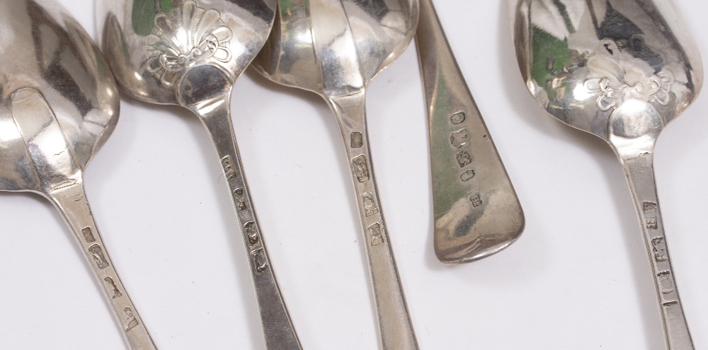 FOUR 18TH CENTURY RAT TAIL SILVER SERVING SPOONS, and an Edinburgh silver serving spoon (5) At - Image 2 of 2