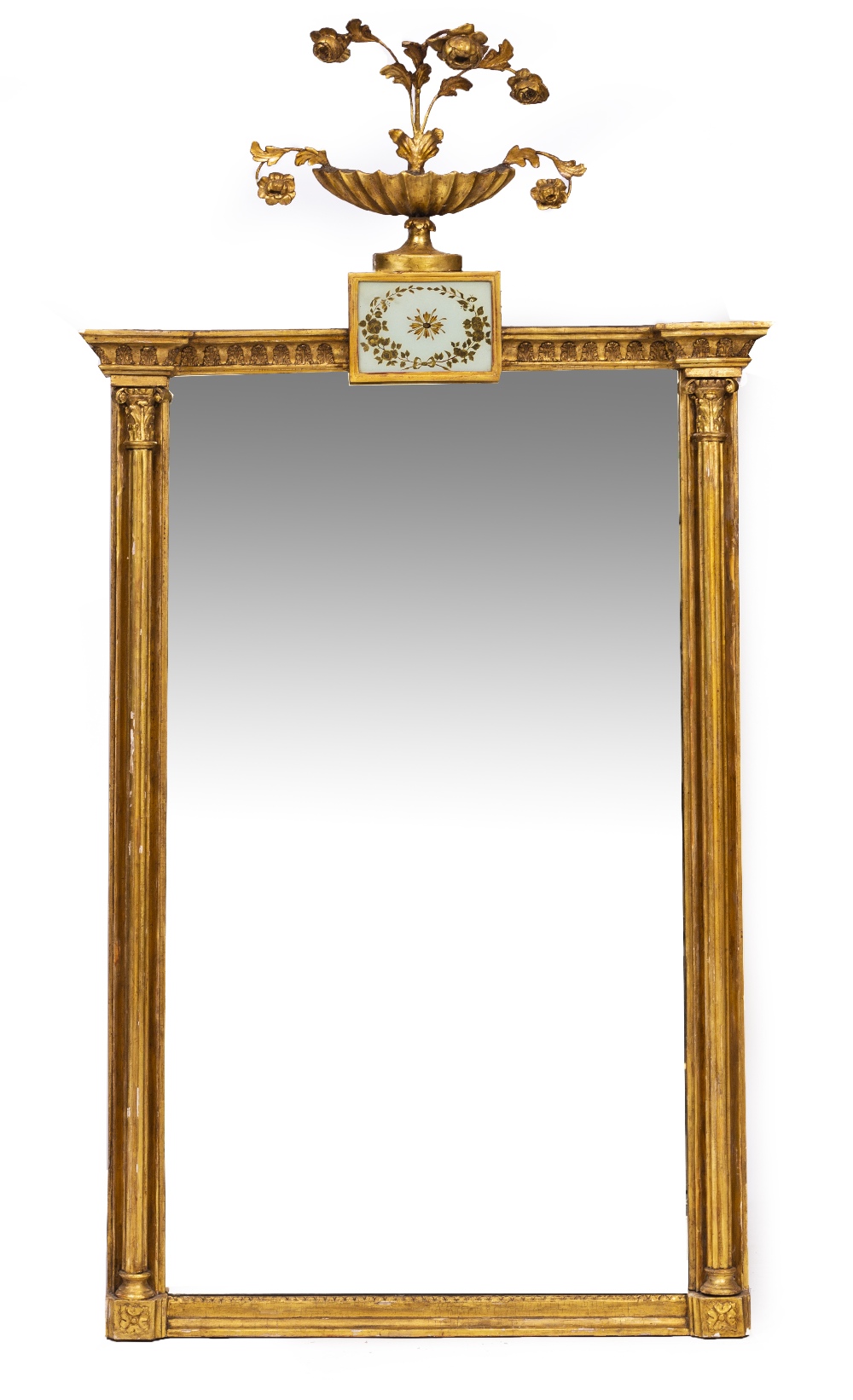 A REGENCY GILT OVERMANTLE OR PIER MIRROR with decorative flower filled vase cresting over a verre