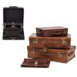 A LEATHER SUITCASE 72cm wide together with two further smaller leather suitcases, a leather