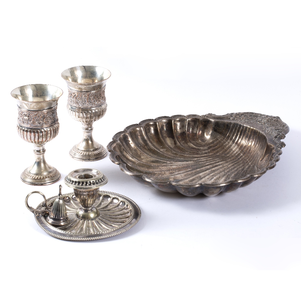 A PAIR OF SILVER PLATED GOBLETS, a scallop design chamber stick and snuff, a large silver plated - Image 2 of 2