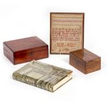 A VICTORIAN WALNUT SEWING BOX with brass inset plaque to the lid, with initials and date 1883, 20.