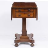A 19TH CENTURY MAHOGANY DROP LEAF WORKTABLE with two drawers to one end and two faux drawers to