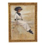 H GUNN An Edwardian lady seated on a sand dune, signed H Gunn and dated 1967, oil on canvas, 115cm x