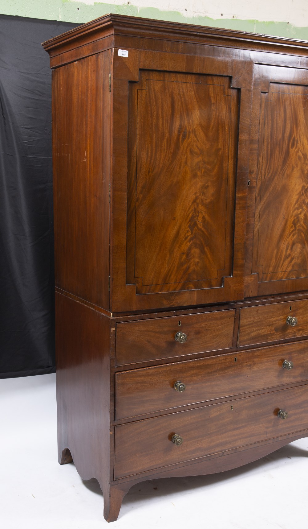 A 19TH CENTURY MAHOGANY LINEN PRESS with twin panelled doors above two short and two long drawers - Image 10 of 10