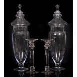 A PAIR OF GLASS LIDDED VASES the lids 18cm diameter, the lids and vases 59cm high overall together