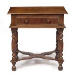 AN EARLY 18TH CENTURY OAK SIDE TABLE with single drawer with turned handles and turned legs united