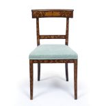 AN ANTIQUE DUTCH BAR BACK DINING CHAIR with decorative floral inlay, overstuffed upholstered seat