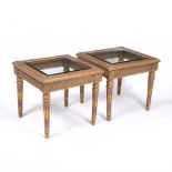A PAIR OF PAINTED AND PARCEL GILT SQUARE GLASS INSET OCCASIONAL TABLES with classical decoration