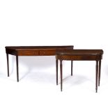 A 19TH CENTURY MAHOGANY FOLD OVER TEA TABLE with reeded edges, boxwood stringing and reeded tapering