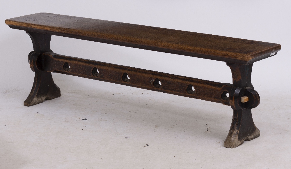 A VICTORIAN OAK BENCH with shaped end supports and pierced trefoil decoration to the stretcher, - Image 5 of 5