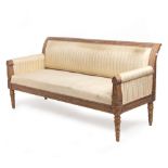 A PAINTED PARCEL GILT THREE PIECE SOFA SUITE for reupholstery, with fluted frame and ancient Greek