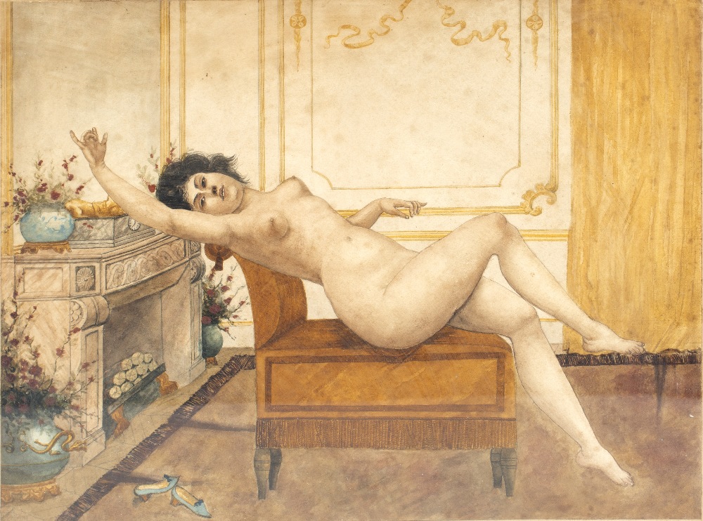 LATE 19TH CENTURY CONTINENTAL SCHOOL Reclining nude, watercolour, unsigned, 36cm x 47cm At