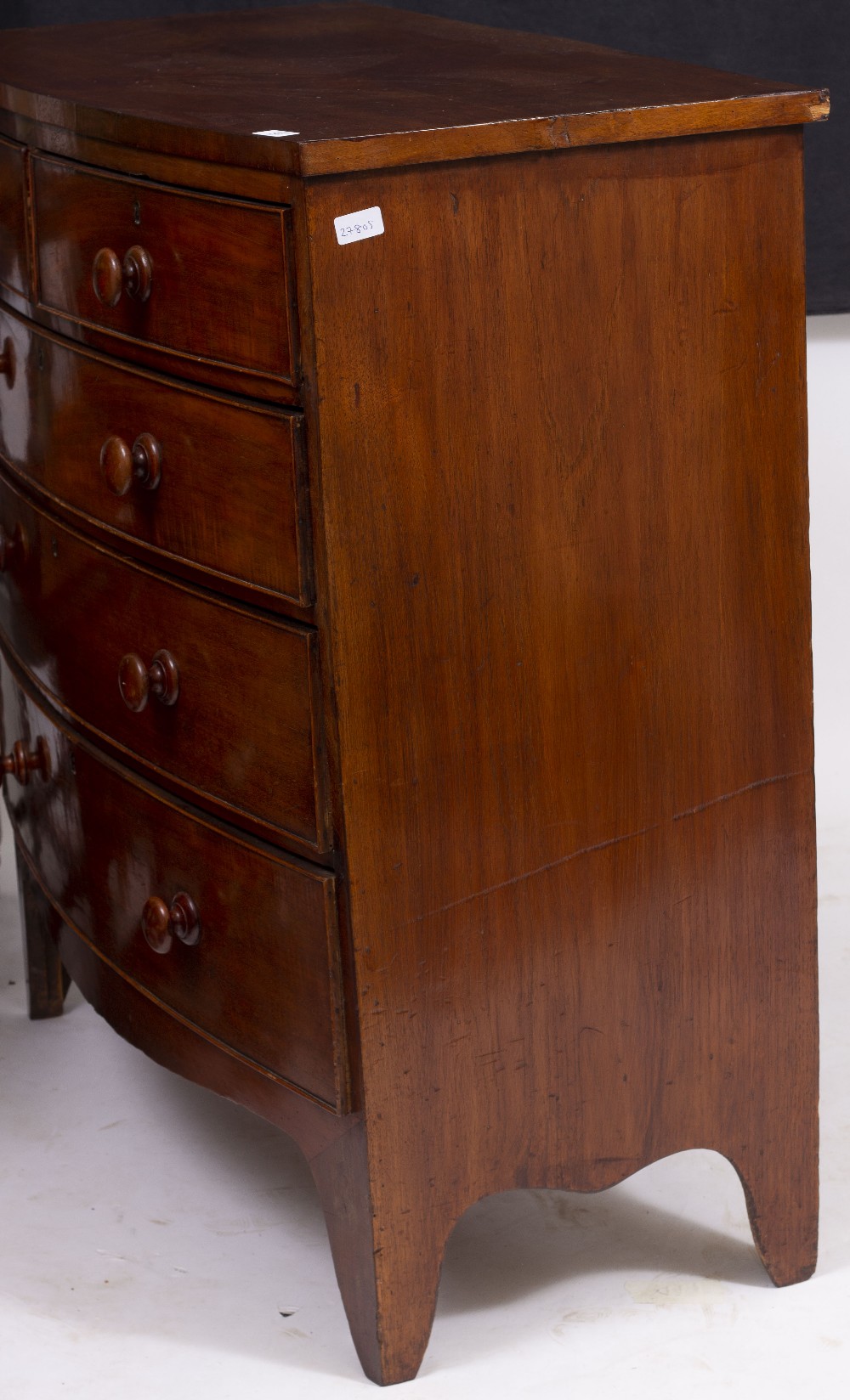 A 19TH CENTURY MAHOGANY BOW FRONTED CHEST OF TWO SHORT AND THREE LONG DRAWERS with turned knob - Image 3 of 5