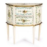 A CONTINENTAL D SHAPED PAINTED SIDE CABINET with two drawers, standing on turned tapering legs