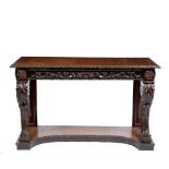 A 19TH CENTURY MAHOGANY CONSOLE TABLE the rectangular top supported by carved scrolling brackets and