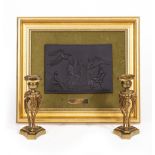 A MODERN WEDGWOOD PLAQUE depicting the 'Apotheosis of Homer', and two brass ormolu candlesticks (