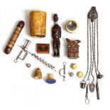 A MIXED LOT OF BIJOUTERIE to include a 19th century cut steel chatelaine, an ivory and gilt metal