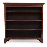 A MAHOGANY FLOOR STANDING OPEN FRONTED BOOKCASE with two adjustable and one fixed shelf, all