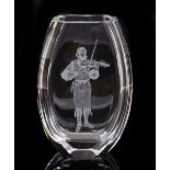 A HADELAND NORWEGIAN GLASS VASE with an engraved violin player decoration, 17.5cm wide x 25cm high