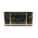 A GREEN LACQUERED AND PARCEL GILT CHINOISERIE DECORATED SIDE CABINET with three drawers over four