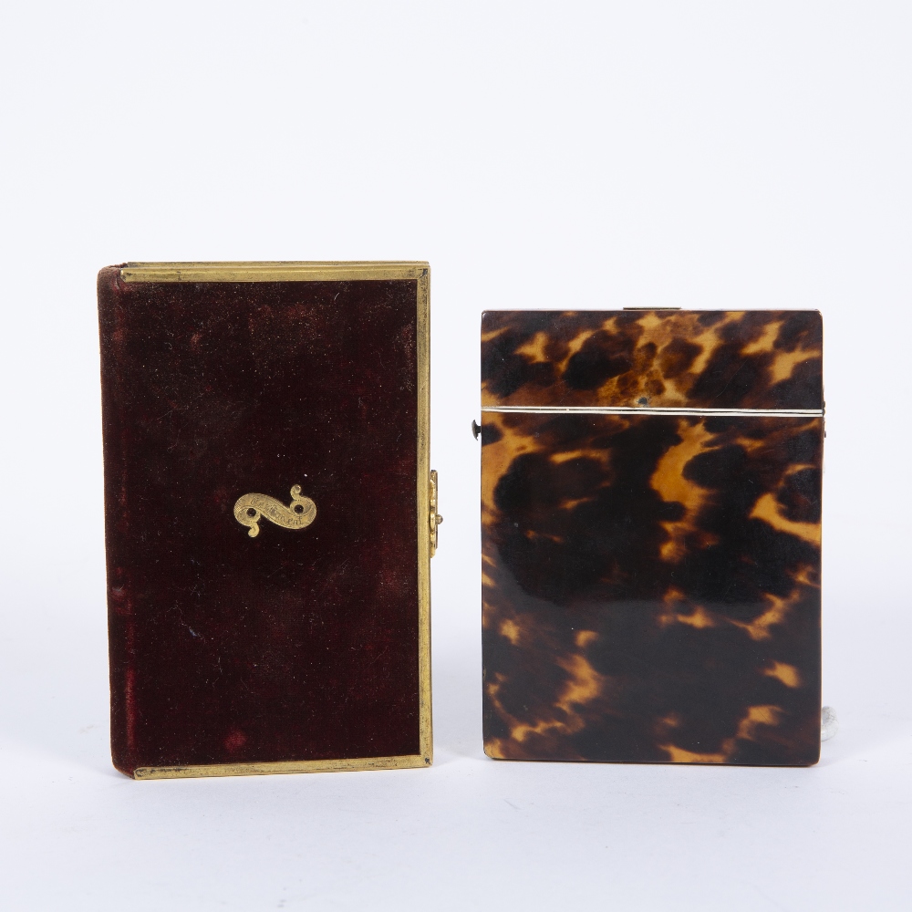 A 19TH CENTURY TORTOISE SHELL CARD CASE 8cm x 10.5cm together with a red felt bound New Testament - Image 2 of 2