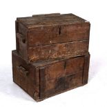 TWO ANTIQUE STAINED PINE BOXES with lifting lids, the largest 74cm wide x 54cm deep x 43cm high