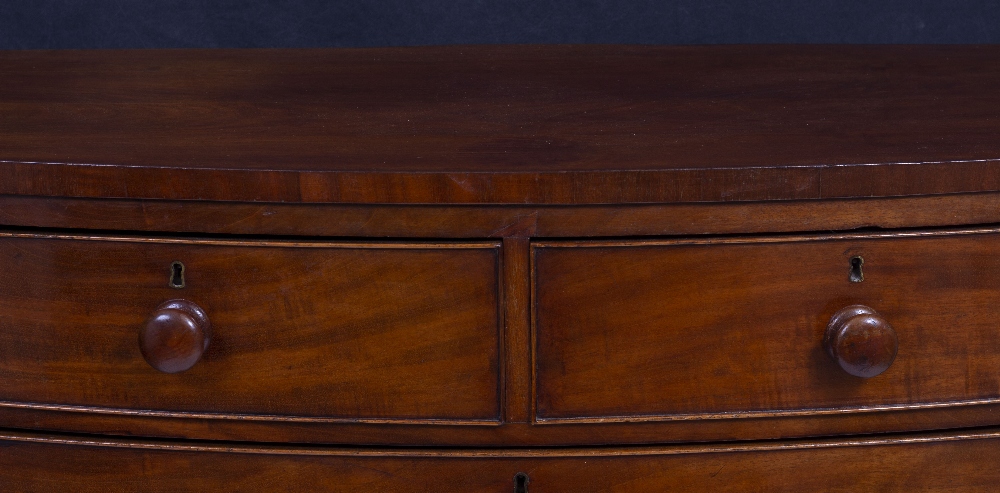 A 19TH CENTURY MAHOGANY BOW FRONTED CHEST OF TWO SHORT AND THREE LONG DRAWERS with turned knob - Image 2 of 5