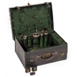 A LATE 19TH / EARLY 20TH CENTURY LEATHER TRAVELLING CASE with four silver and tortoise shell
