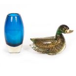 A 20TH CENTURY MURANO GLASS DUCK sticker to underside, 24cm together with an Italian blue glass